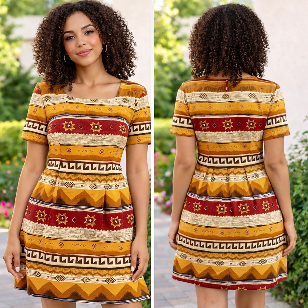 Vintage 90s Sag Harbor Red and Yellow aztec Patterned Dress